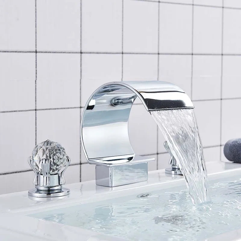Golden Waterfall Widespread Bathroom Faucet - Dual Crystal Handles, Deck-Mounted Basin Mixer