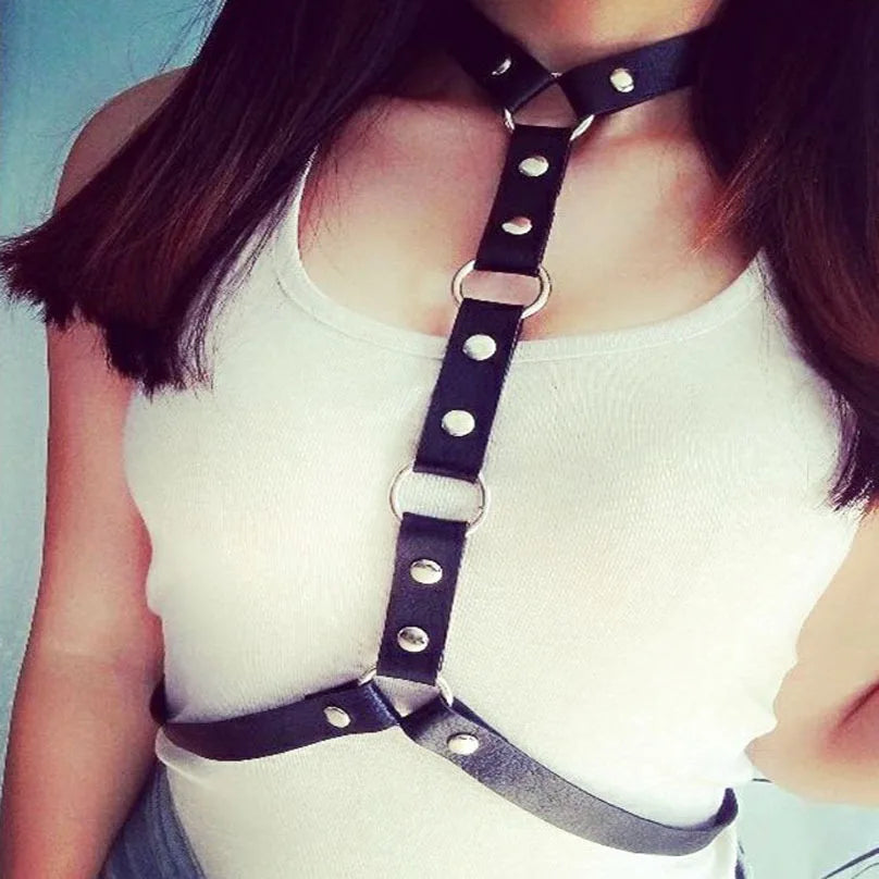 Vegan Leather Sword Belt Body Harness Cage – Gothic Punk Waist Chain for Cosplay & Festival
