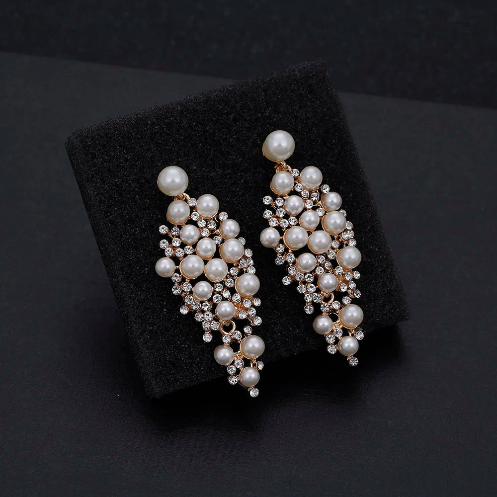 Gold Bridal Drop Earrings with Simulated Pearls & Crystal Rhinestones — 6 cm (2.36 in) Dangle Statement Earrings for Wedding & Bridesmaids
