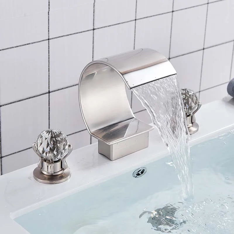 Golden Waterfall Widespread Bathroom Faucet - Dual Crystal Handles, Deck-Mounted Basin Mixer