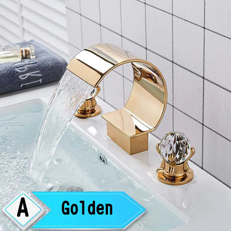 Golden Waterfall Widespread Bathroom Faucet - Dual Crystal Handles, Deck-Mounted Basin Mixer