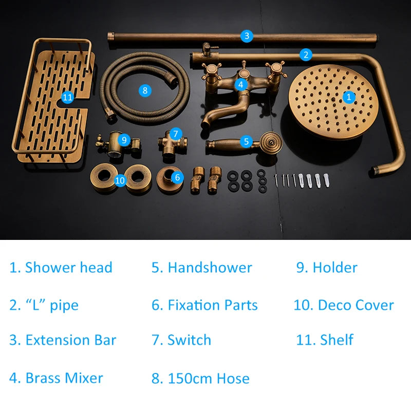 Antique Brass Wall-Mounted Rainfall Shower Set with 8-Inch Shower Head, Handheld & Shelf - Dual Handle Mixer Tap