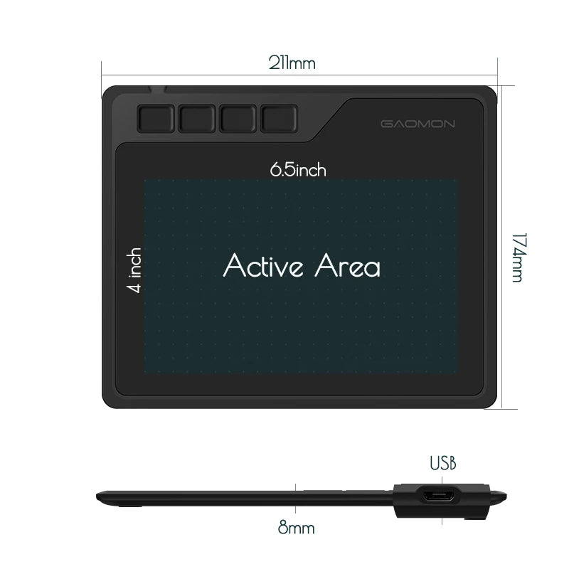 Portable Graphics Tablet 6.5 x 4 in (165 x 102 mm) - Battery-Free Pen, 8192 Pressure, USB & Android Compatible