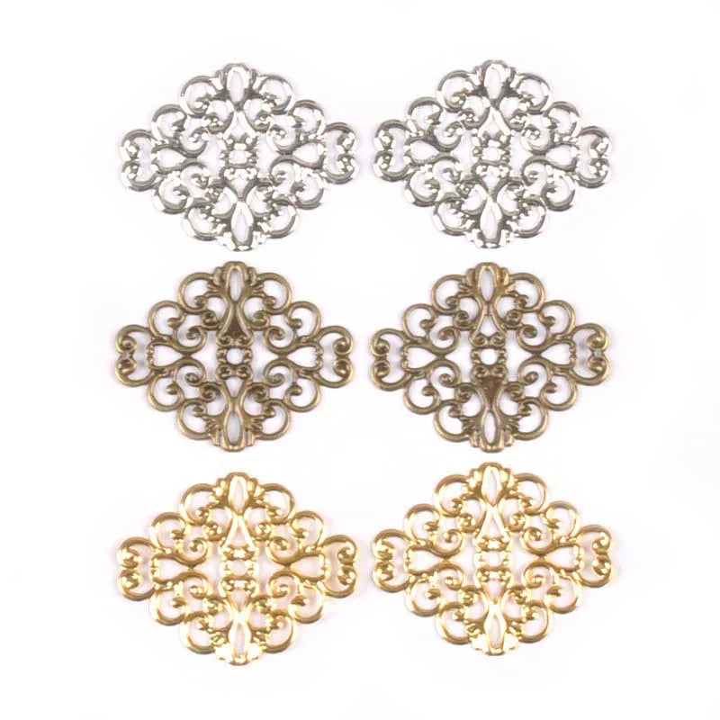 20-Pack Metal Filigree Flower Wraps Connectors for Jewelry Making & Scrapbooking, 41 x 31 mm (1.61 x 1.22 in) – Gold Silver Bronze