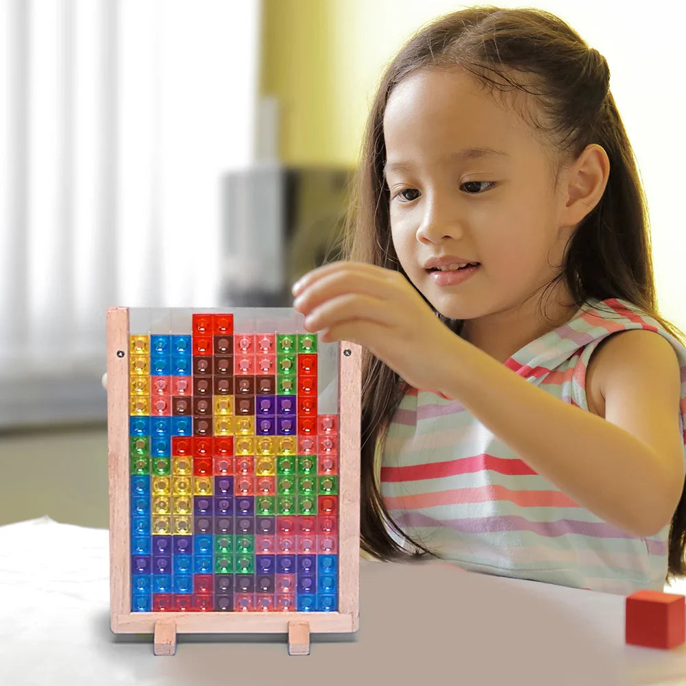 3D Tetris Wooden Building Blocks Puzzle - Colorful Tangram Brain Teaser STEM Montessori Toy for Kids Ages 3+