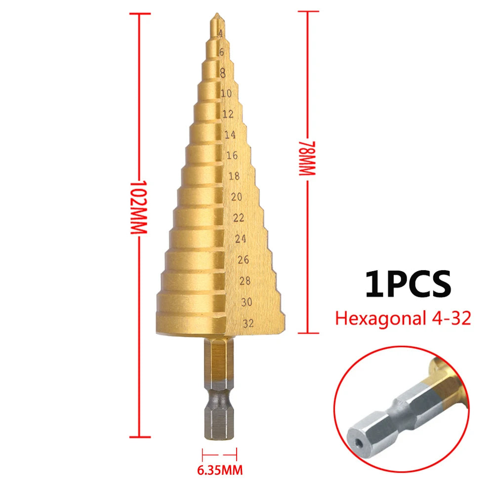 Titanium Coated HSS Step Drill Bit 4-20mm & 4-32mm - Cone Hole Cutter for Metal and Wood