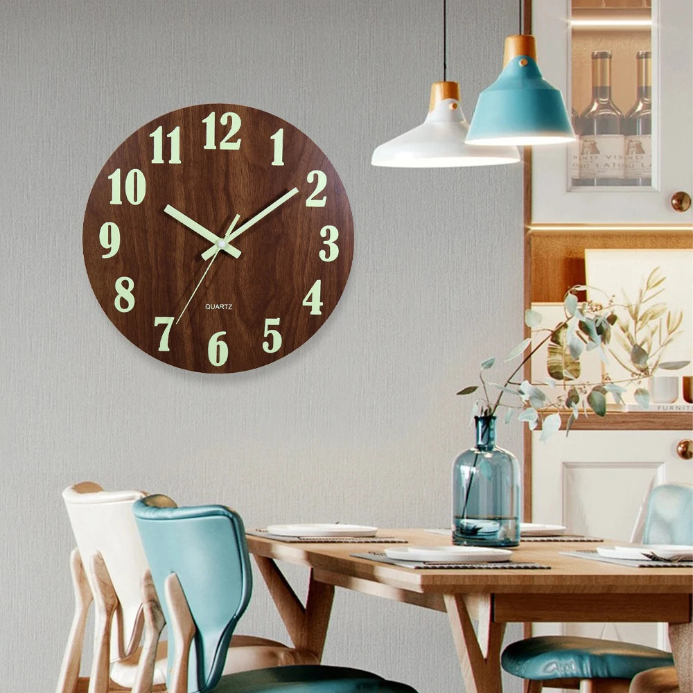 12-Inch (30 cm) Luminous Wooden Wall Clock - Silent Non-Ticking Nordic Night Light