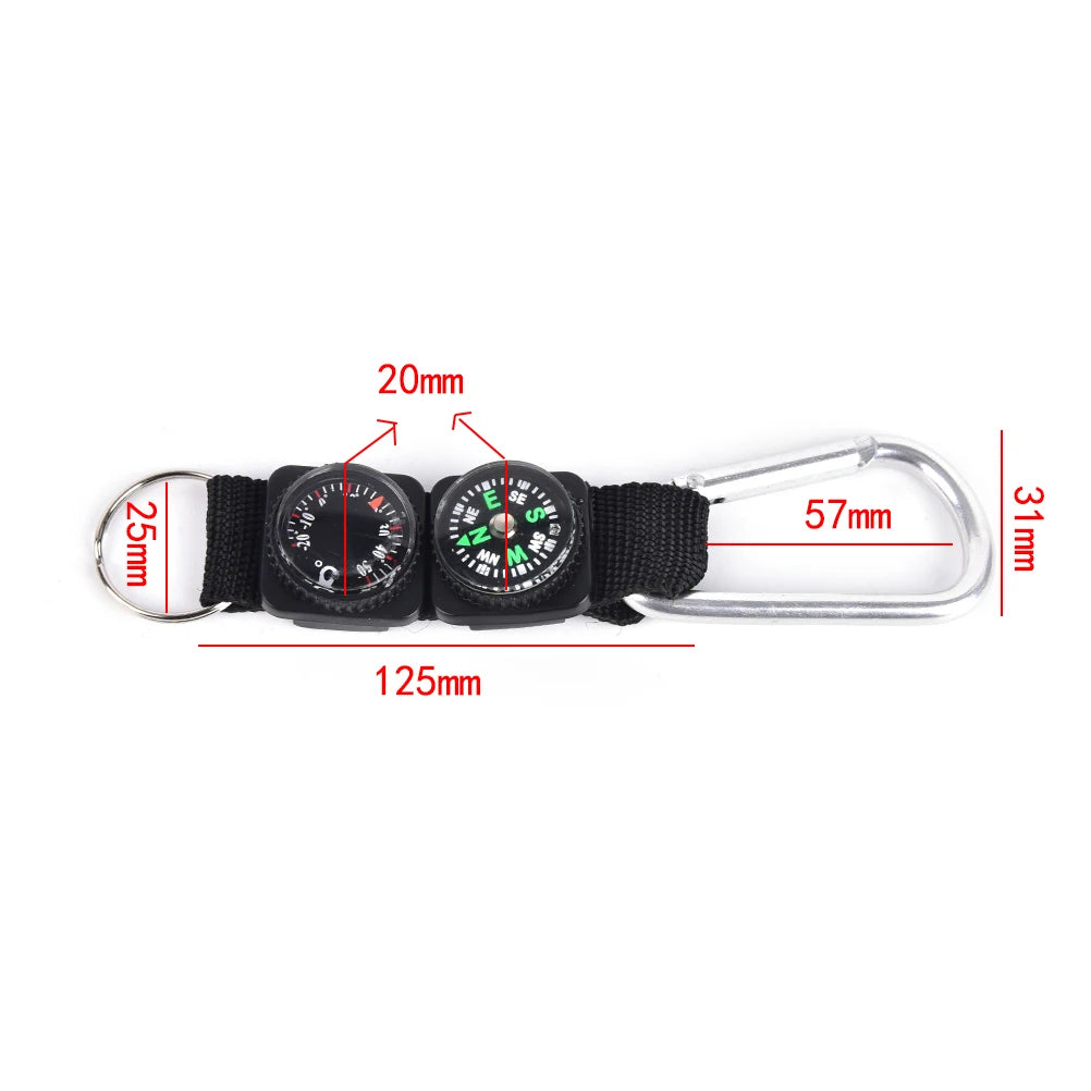 3-in-1 Mini Carabiner Keychain with Compass & Thermometer for Camping, Climbing & Hiking, Black