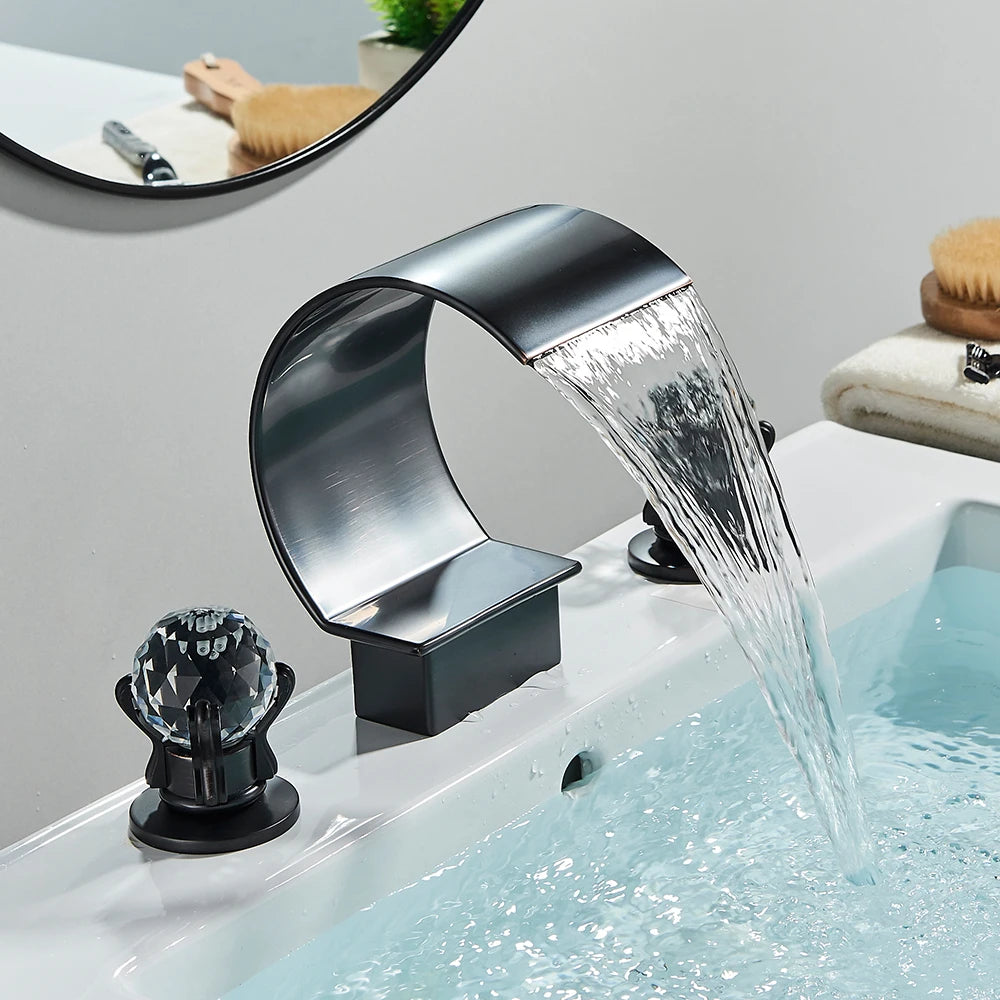 Golden Waterfall Widespread Bathroom Faucet - Dual Crystal Handles, Deck-Mounted Basin Mixer