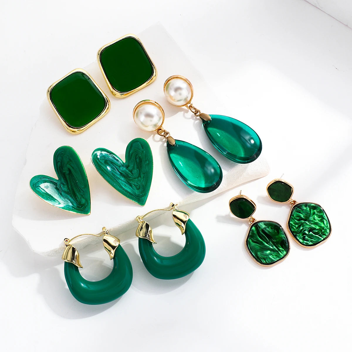 Korean Green Acrylic Geometric Dangle Earrings — Round & Square Statement Drop Earrings for Women