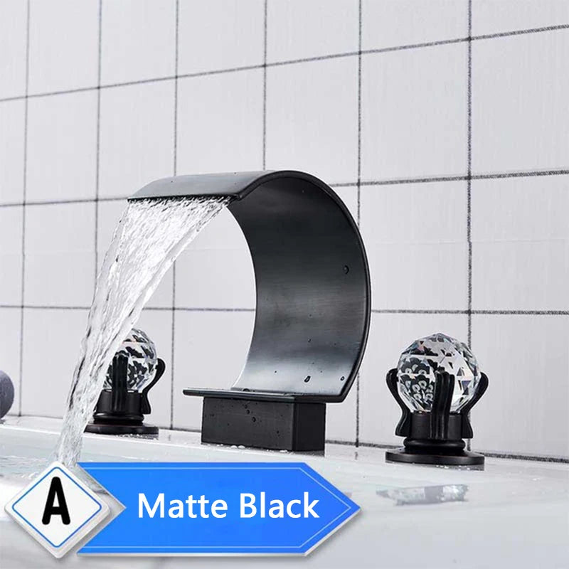 Golden Waterfall Widespread Bathroom Faucet - Dual Crystal Handles, Deck-Mounted Basin Mixer