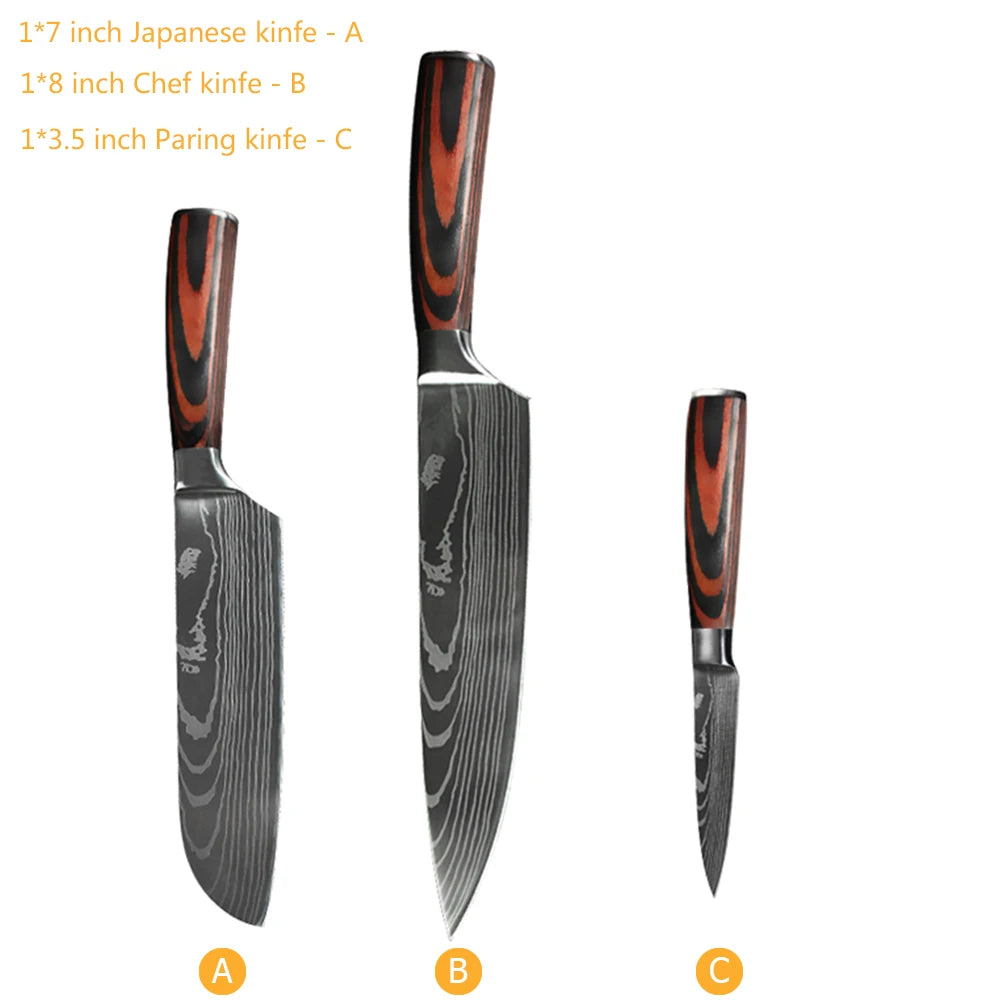 Chef Knife Set 1-10 Pc - Laser Damascus Pattern Japanese Santoku, Cleaver, Slicing and Utility Knives