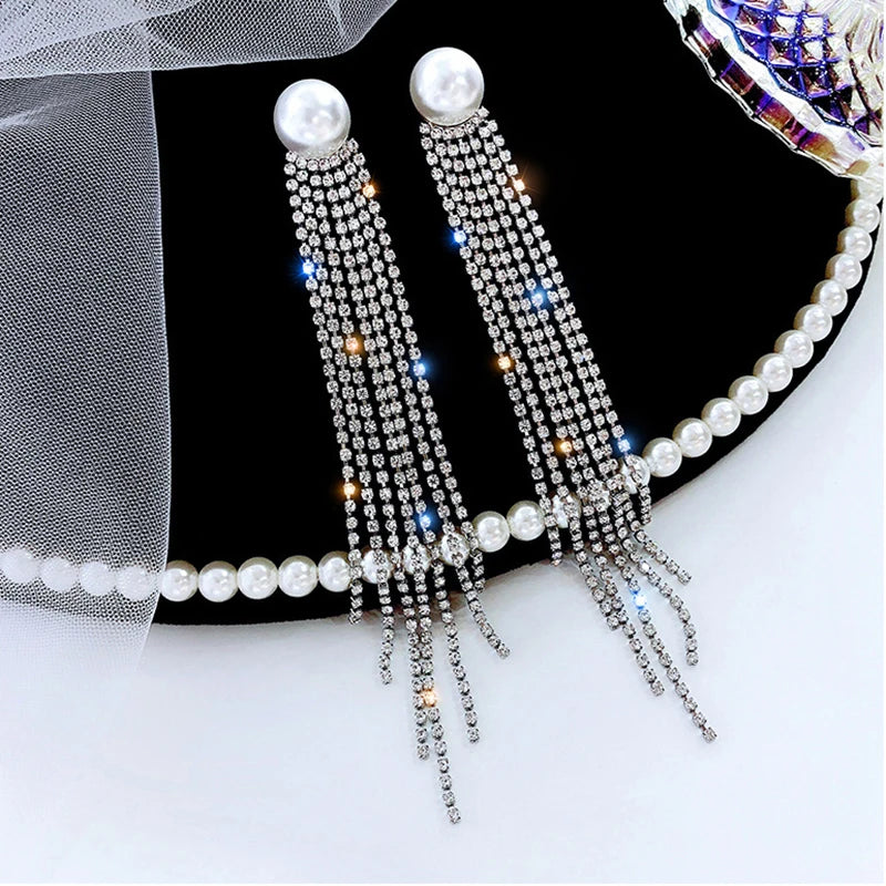 Gold Bridal Drop Earrings with Simulated Pearls & Crystal Rhinestones — 6 cm (2.36 in) Dangle Statement Earrings for Wedding & Bridesmaids