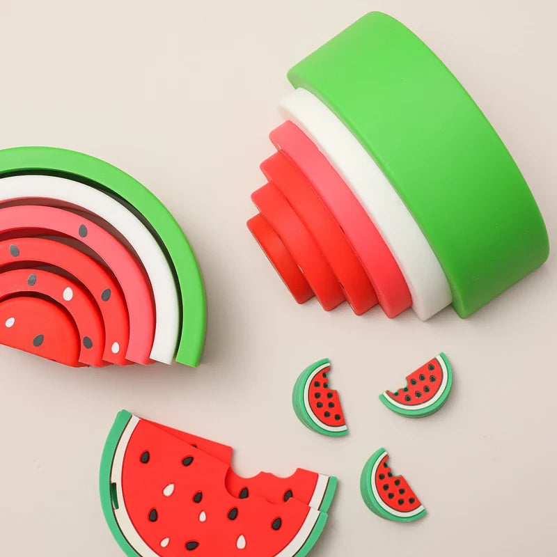 Silicone Watermelon Building Blocks BPA-Free Montessori Stacking & Balance Toy for Toddlers and Kids