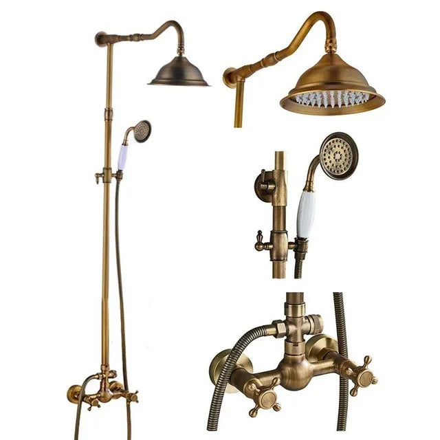 Antique Brass Wall-Mounted Rainfall Shower Set with 8-Inch Shower Head, Handheld & Shelf - Dual Handle Mixer Tap