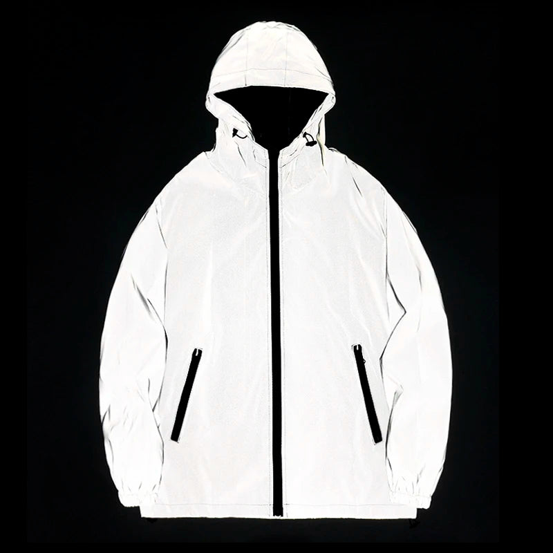 Men's Reflective Dual-Layer Windbreaker Jacket Hooded Waterproof Zip Coat