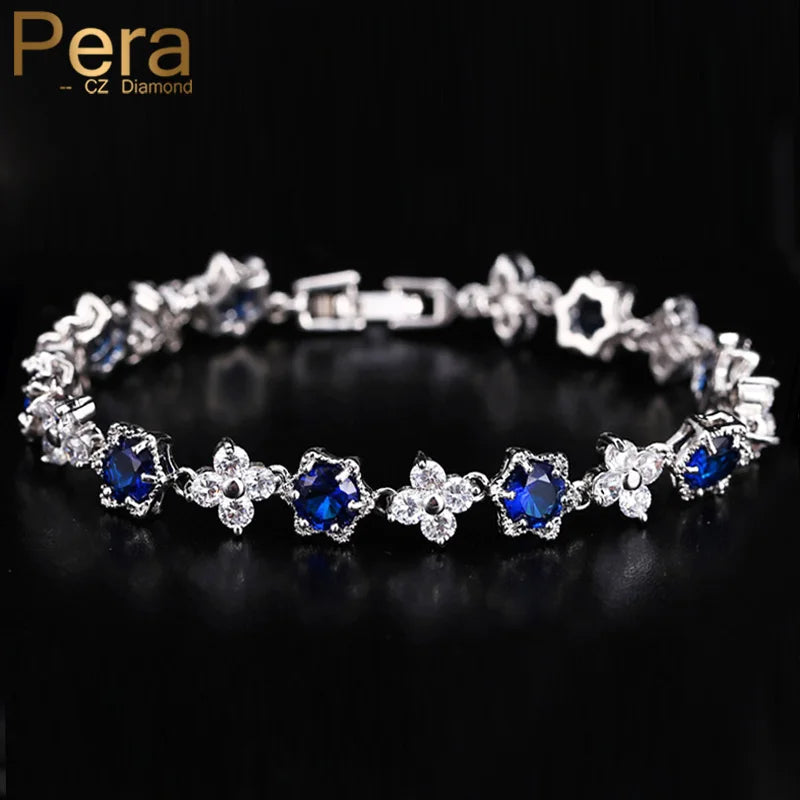 White Gold Color Cluster Flower CZ Bracelet for Women — Royal Blue & White Cubic Zirconia, 17.5 cm (6.9 in)