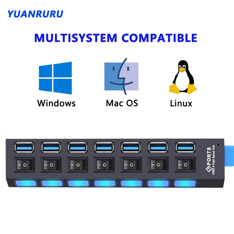 USB 3.0 Hub 4/7-Port Powered USB Splitter with On/Off Switch – High-Speed USB 3.0/2.0 Expander for PC & Laptop