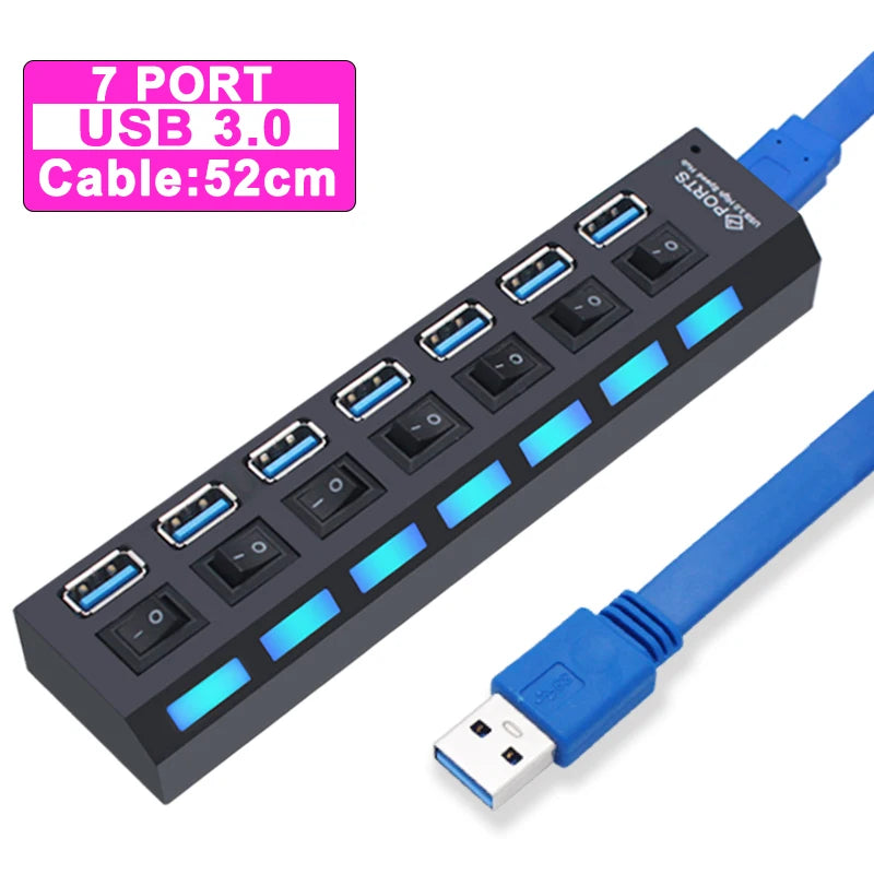 USB 3.0 Hub 4/7-Port Powered USB Splitter with On/Off Switch – High-Speed USB 3.0/2.0 Expander for PC & Laptop