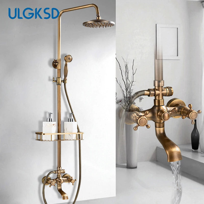 Antique Brass Wall-Mount Shower System with 8-inch (20 cm) Rainfall Head & Hand Shower, Adjustable 27.5–47.2 in (70–120 cm)