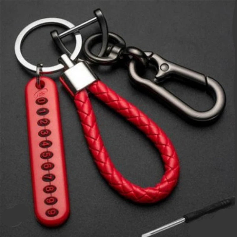 Braided Leather Car Keychain with Phone Number Card Holder, Anti-Lost Auto Key Ring with Lobster Clasp