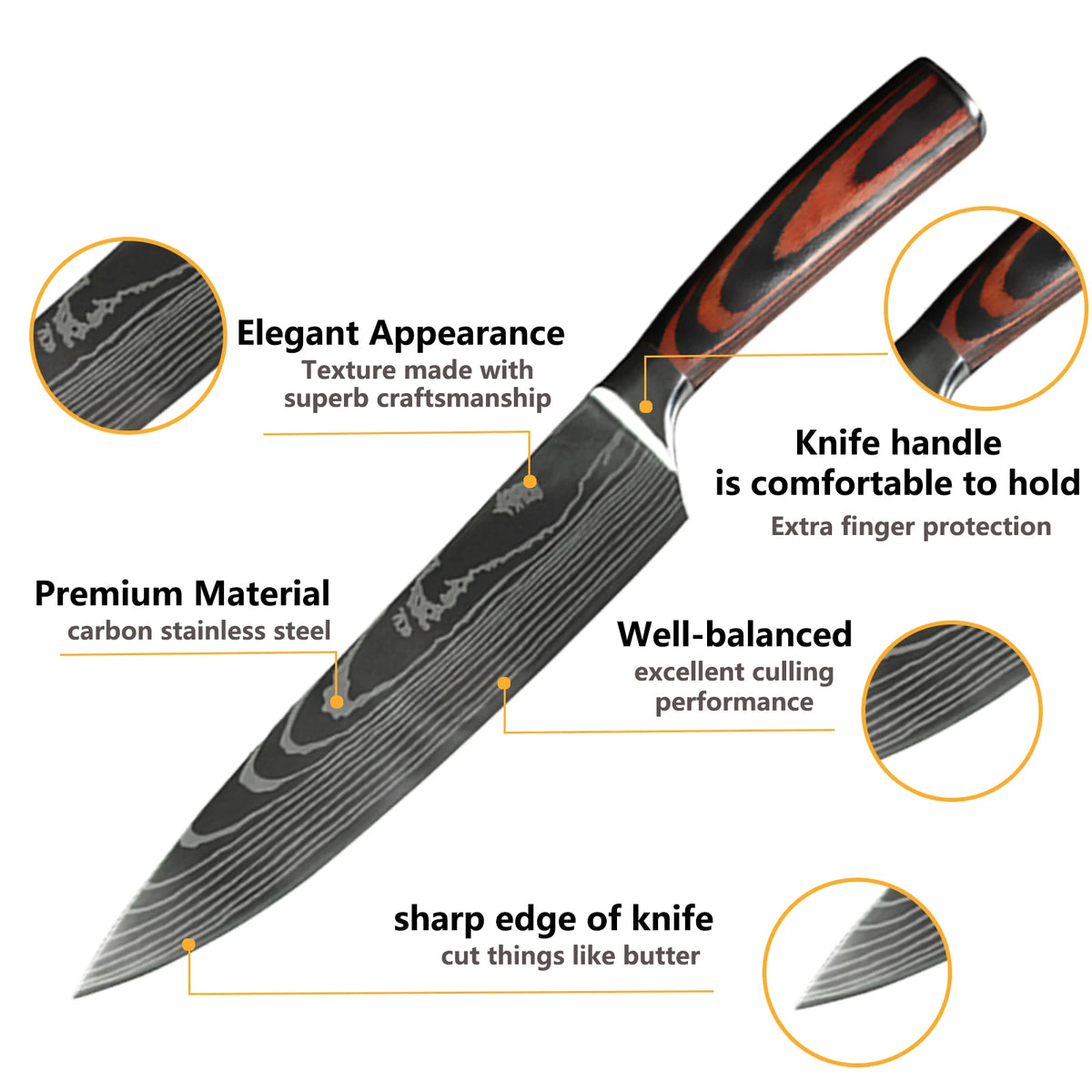 Chef Knife Set 1-10 Pc - Laser Damascus Pattern Japanese Santoku, Cleaver, Slicing and Utility Knives