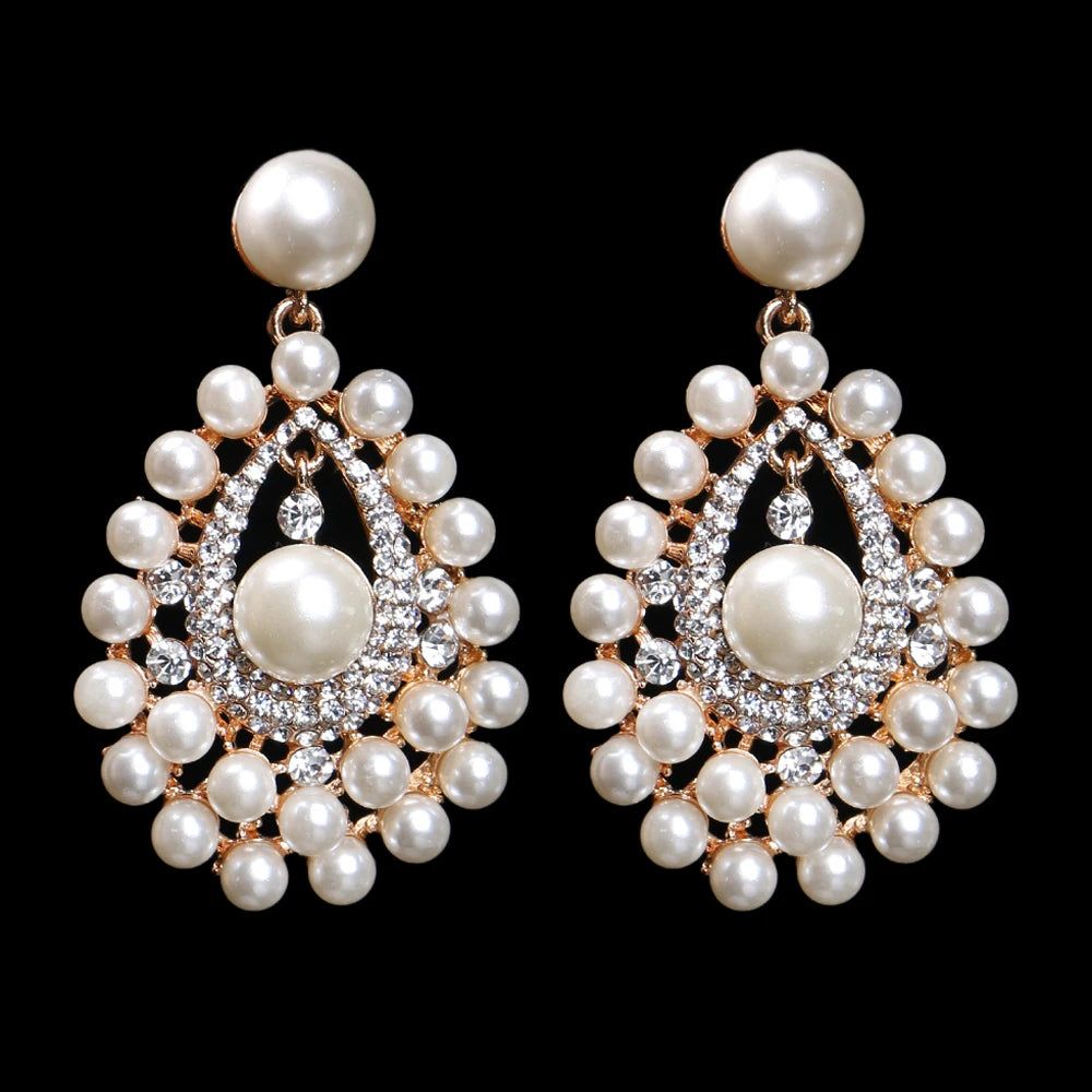 Gold Bridal Drop Earrings with Simulated Pearls & Crystal Rhinestones — 6 cm (2.36 in) Dangle Statement Earrings for Wedding & Bridesmaids