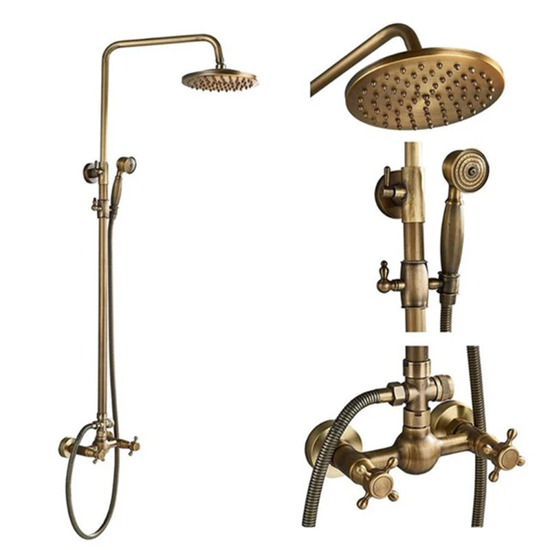 Antique Brass Wall-Mount Shower System with 8-inch (20 cm) Rainfall Head & Hand Shower, Adjustable 27.5–47.2 in (70–120 cm)