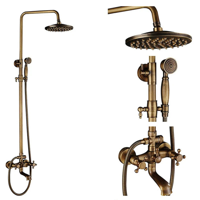 Antique Brass Wall-Mount Shower System with 8-inch (20 cm) Rainfall Head & Hand Shower, Adjustable 27.5–47.2 in (70–120 cm)