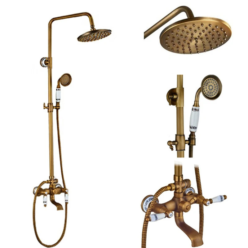 Antique Brass Wall-Mount Shower System with 8-inch (20 cm) Rainfall Head & Hand Shower, Adjustable 27.5–47.2 in (70–120 cm)