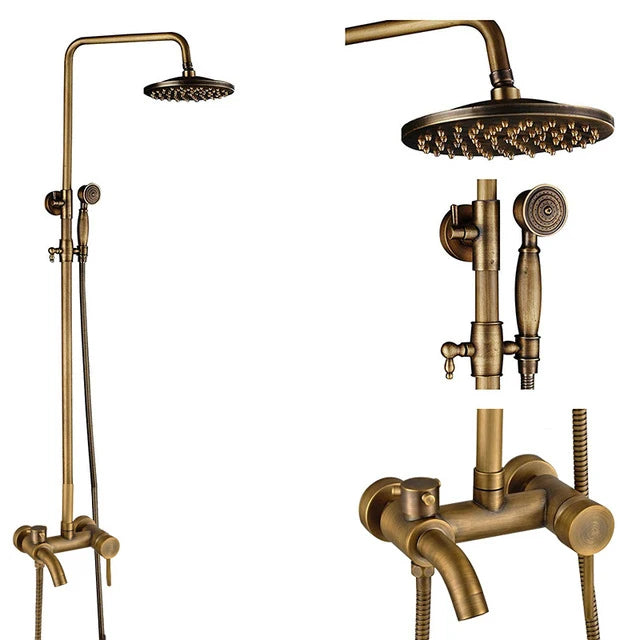 Antique Brass Wall-Mounted Rainfall Shower Set with 8-Inch Shower Head, Handheld & Shelf - Dual Handle Mixer Tap