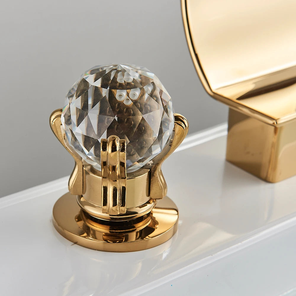 Golden Waterfall Widespread Bathroom Faucet - Dual Crystal Handles, Deck-Mounted Basin Mixer
