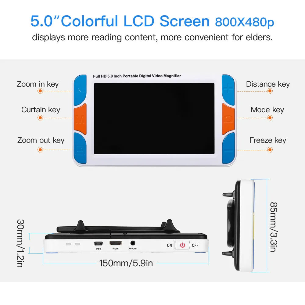 5.0-inch (12.7 cm) Portable 3–48X Digital Handheld Magnifier 800x480 LCD HDMI 1080i & AV Output Electronic Reading Aid