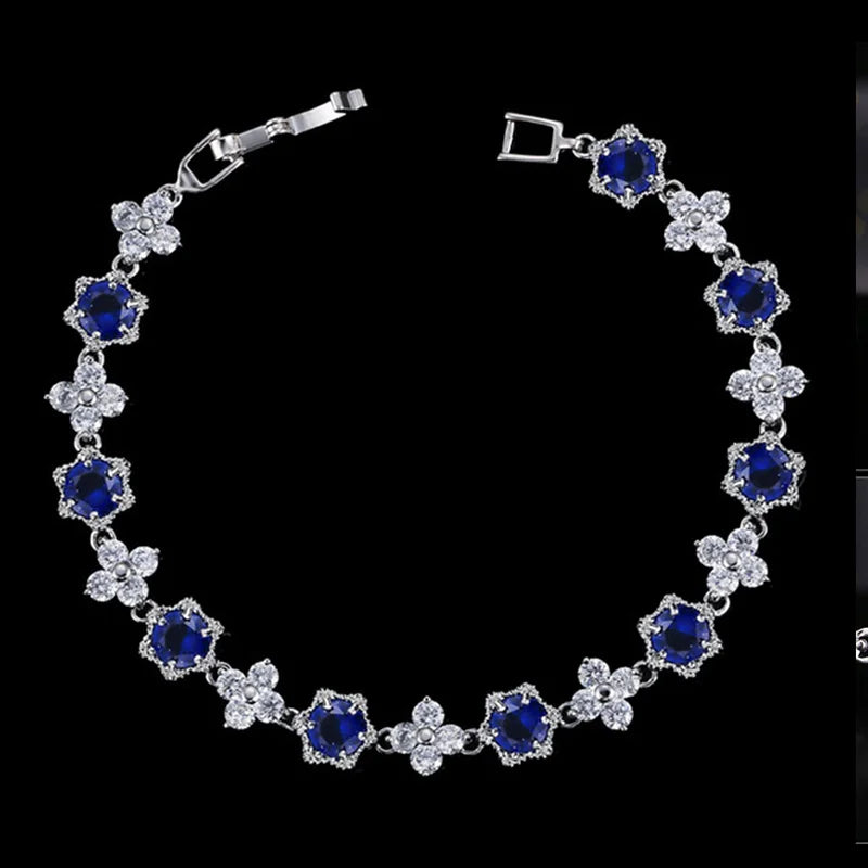 White Gold Color Cluster Flower CZ Bracelet for Women — Royal Blue & White Cubic Zirconia, 17.5 cm (6.9 in)