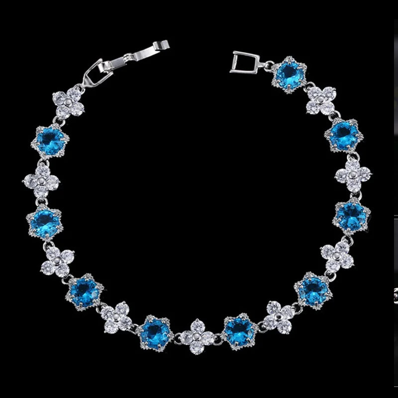 White Gold Color Cluster Flower CZ Bracelet for Women — Royal Blue & White Cubic Zirconia, 17.5 cm (6.9 in)