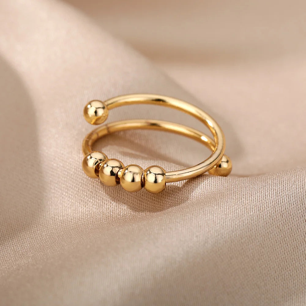 Adjustable Stainless Steel Spinner Ring for Women, Bead Fidget Open Rotating Anti-Stress Ring
