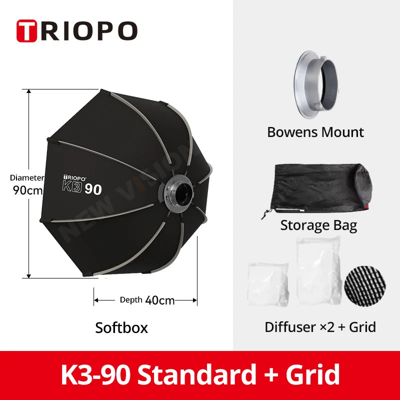 Quick-Setup Octagon Softbox with Bowens Mount — 55/65/90/120cm (21.7/25.6/35.4/47.2 in) for Studio LED Video Lights