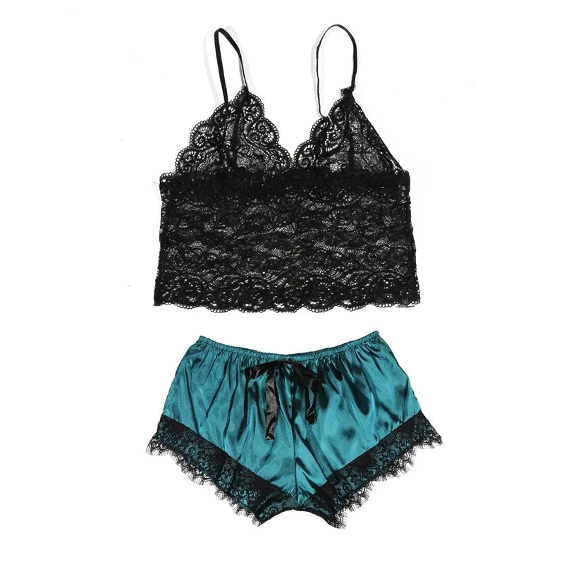 2-Piece Women's Lace Sheer Pajama Set - Breathable Suspender Camisole and Shorts, Black and Pink