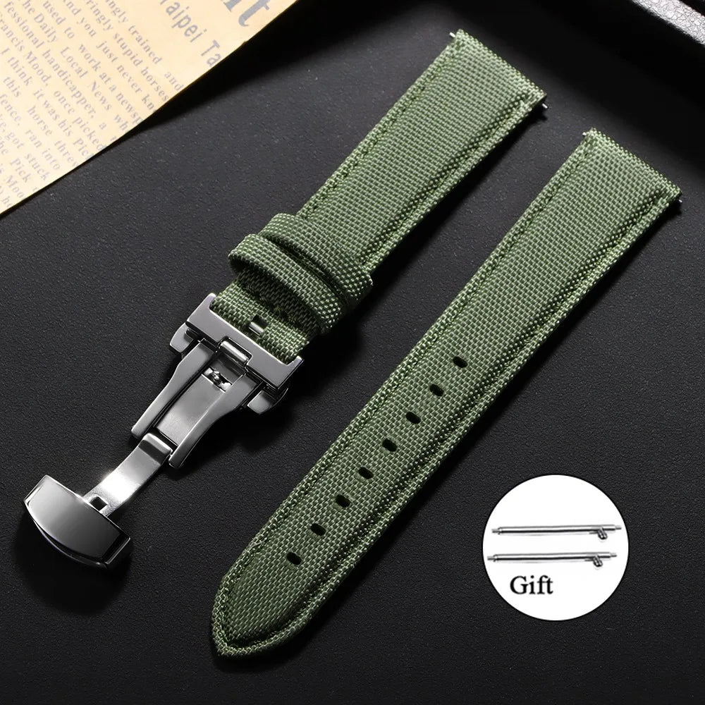 Sailcloth Nylon Leather Watch Strap 20mm 22mm Quick-Release Waterproof Butterfly Clasp Unisex Business Watch Band