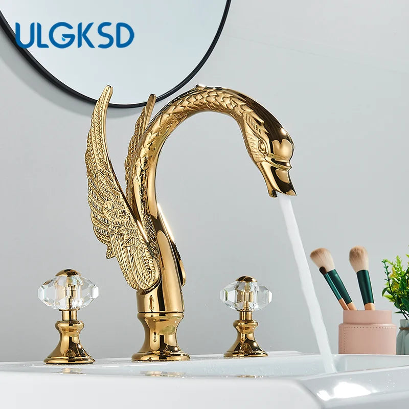 Golden Swan-Shaped Bathroom Faucet 3-Piece Basin & Tub Mixer with Dual Crystal Handles, Hot & Cold