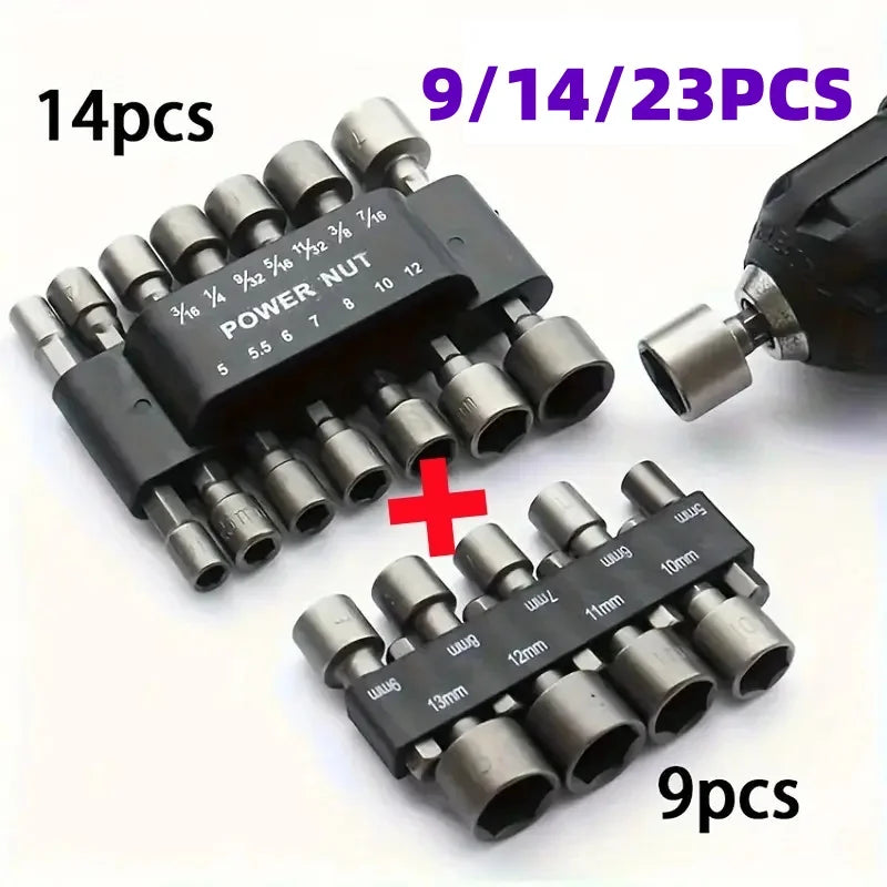 Hex Socket Nut Driver Bit Set – 9/14/23-Piece 5mm–13mm (0.19–0.51in) Sockets | 1/4" (6.35mm) Hex Shank for Power Drills & Screwdrivers