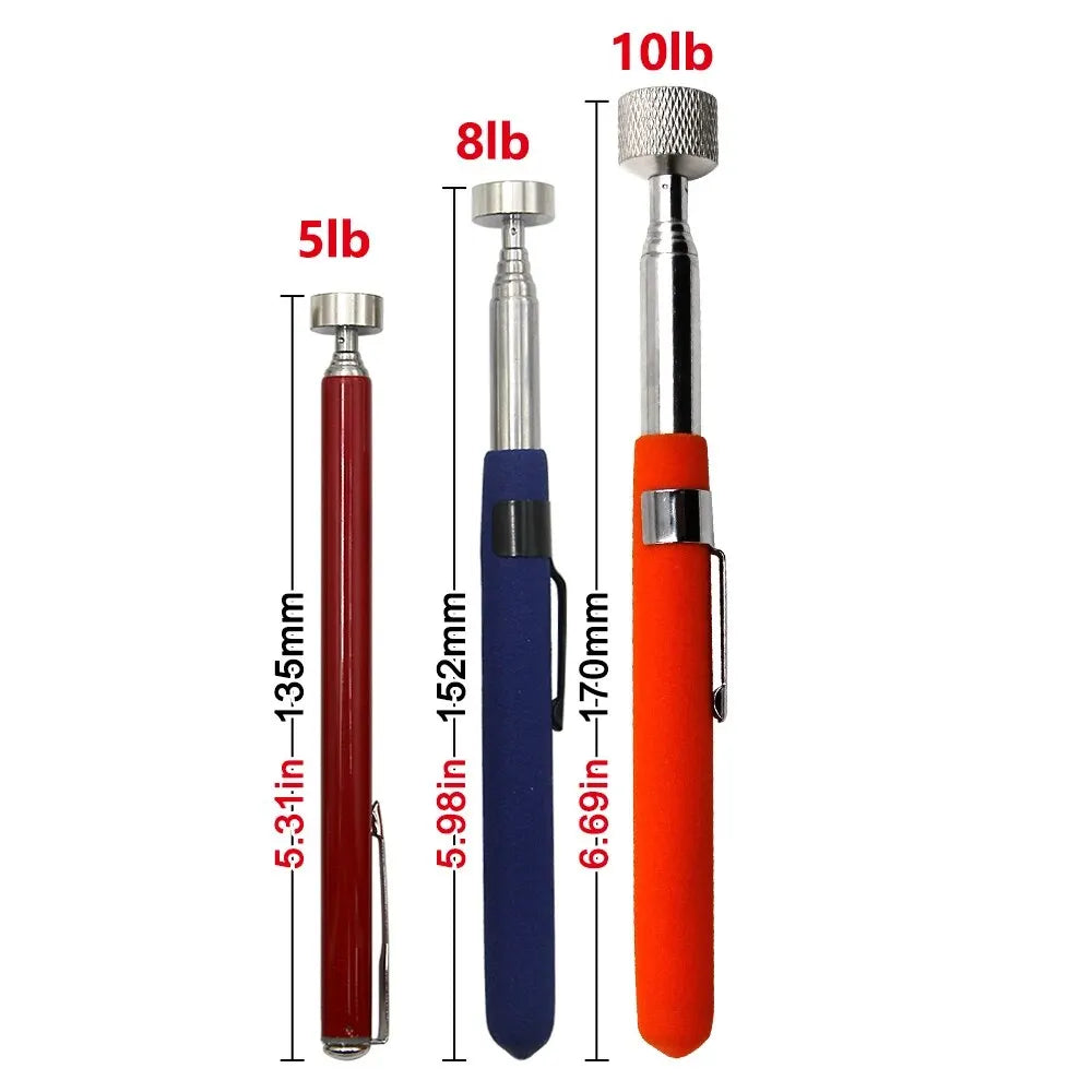 3-Pack Magnetic Retractable Pickup Tools with Pen Clip — 5 lb, 8 lb, 10 lb Capacities, Extend 5.3–28.7 in (135–730 mm) for Automotive & DIY