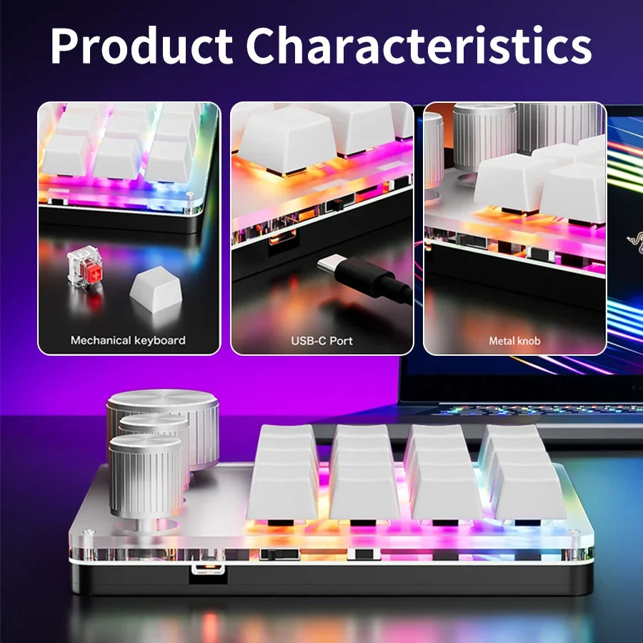 16-Key Mechanical Macro Keyboard with 3 Programmable Knobs, Volume Control, USB Wired, Bluetooth & 2.4G Wireless