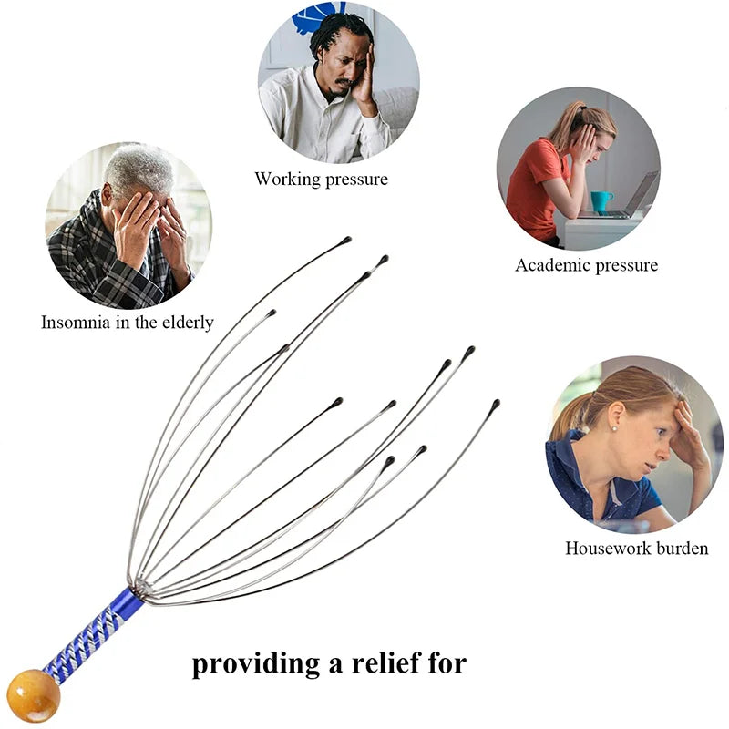 Octopus Head Massager Scalp Scratcher - Stainless Steel & Wood Scalp Massager for Stress Relief