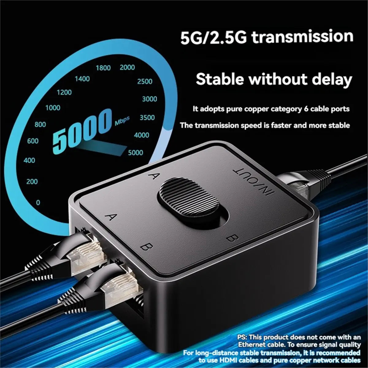 Compact 2-in-1 RJ45 Gigabit Network Switch Splitter - 5Gbps/2.5Gbps/1Gbps Push-Button, Power-Free Plug-and-Play