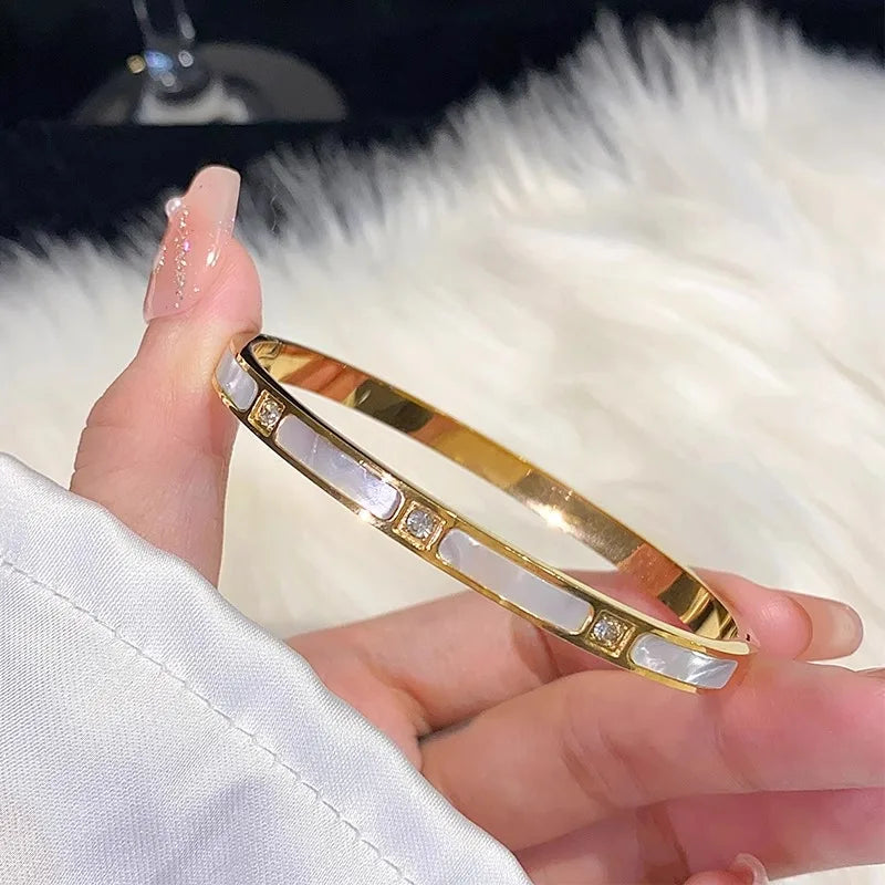 8-Piece Stainless Steel Rhinestone Bracelet Set – Elegant Gold & White Stackable Bangles for Women