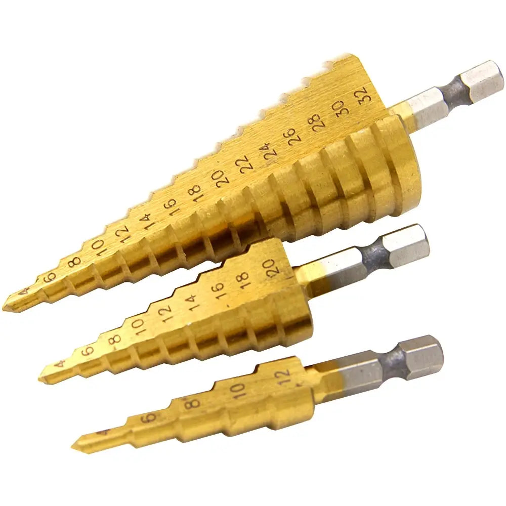 Titanium Plated Step Drill Bit Set Hex Shank Straight Groove — 3–32mm (0.12–1.26 in)
