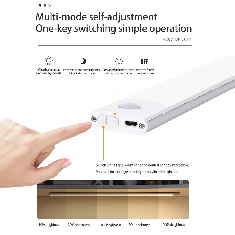USB Rechargeable Motion Sensor LED Under-Cabinet Light – Wireless Night Lamp for Kitchen, Closet & Wardrobe (10–50 cm / 4–20 in)