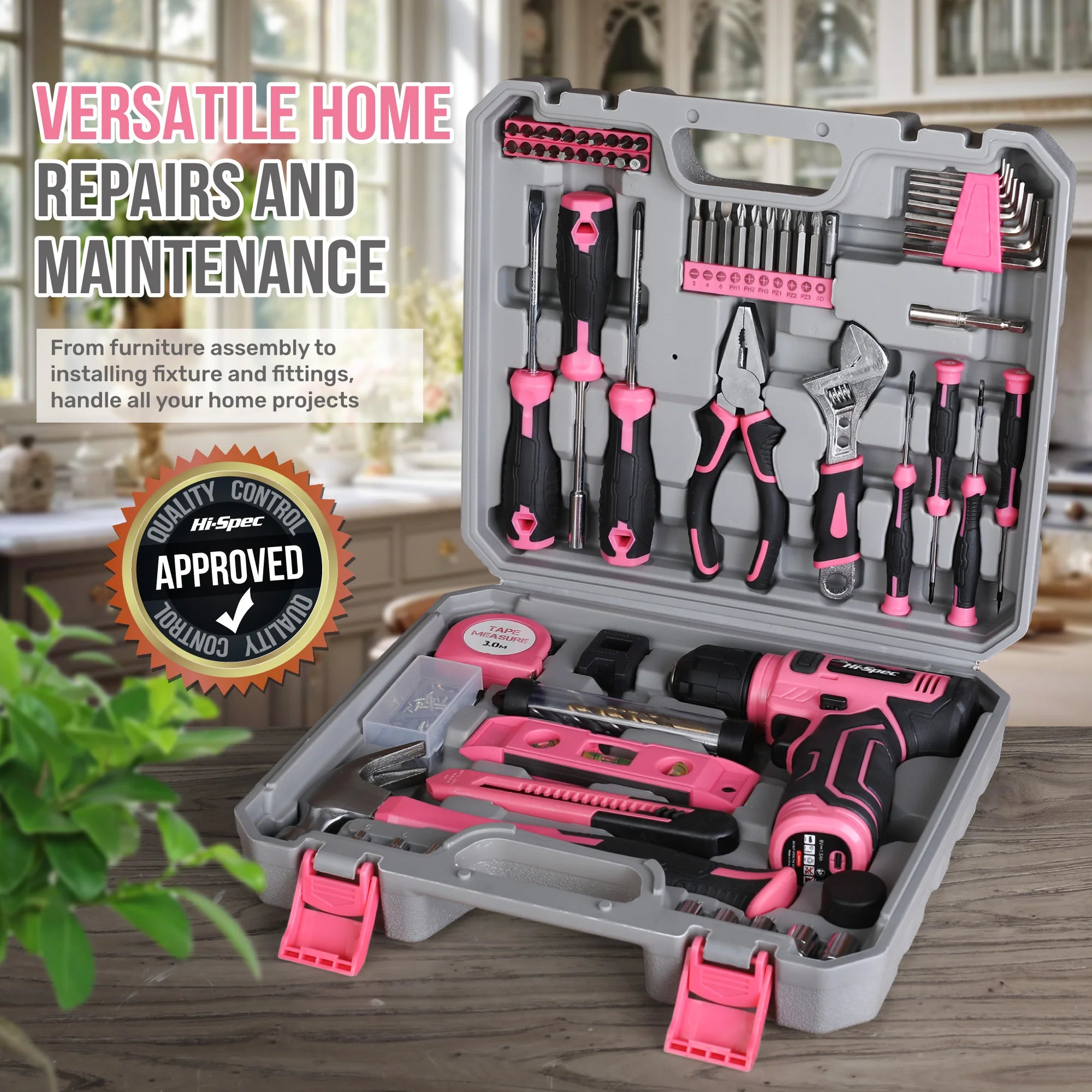 133-Piece Pink Power Tool Set with 8V Lithium Cordless Drill, Magnetic Precision Bits & 3-Tier Toolbox