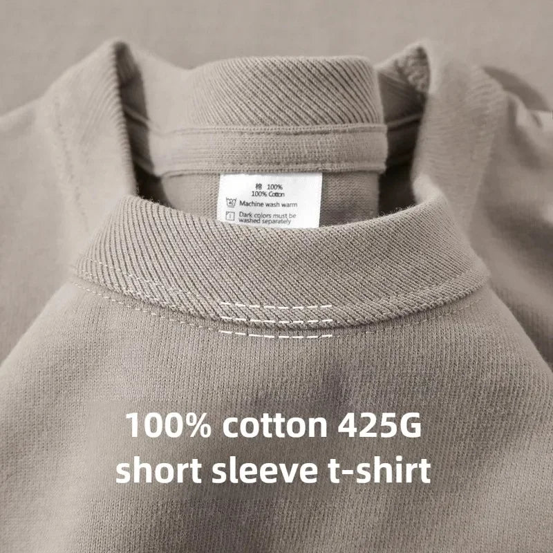 Men's Heavyweight Cotton T-Shirt 425g Breathable Half Sleeve Round Neck Basic Summer Tee